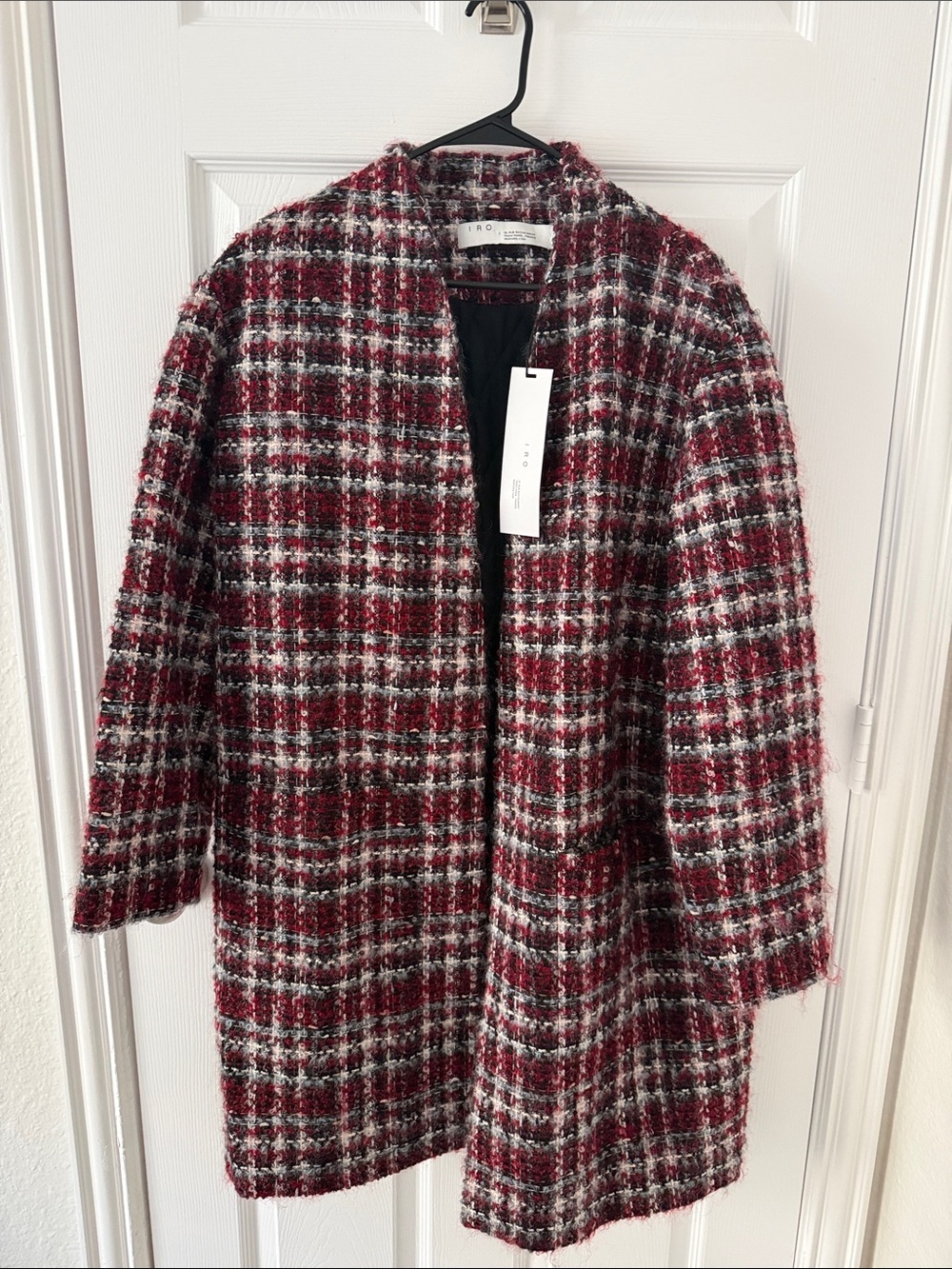 IRO Burgundy and Black Plaid Tweed Coat